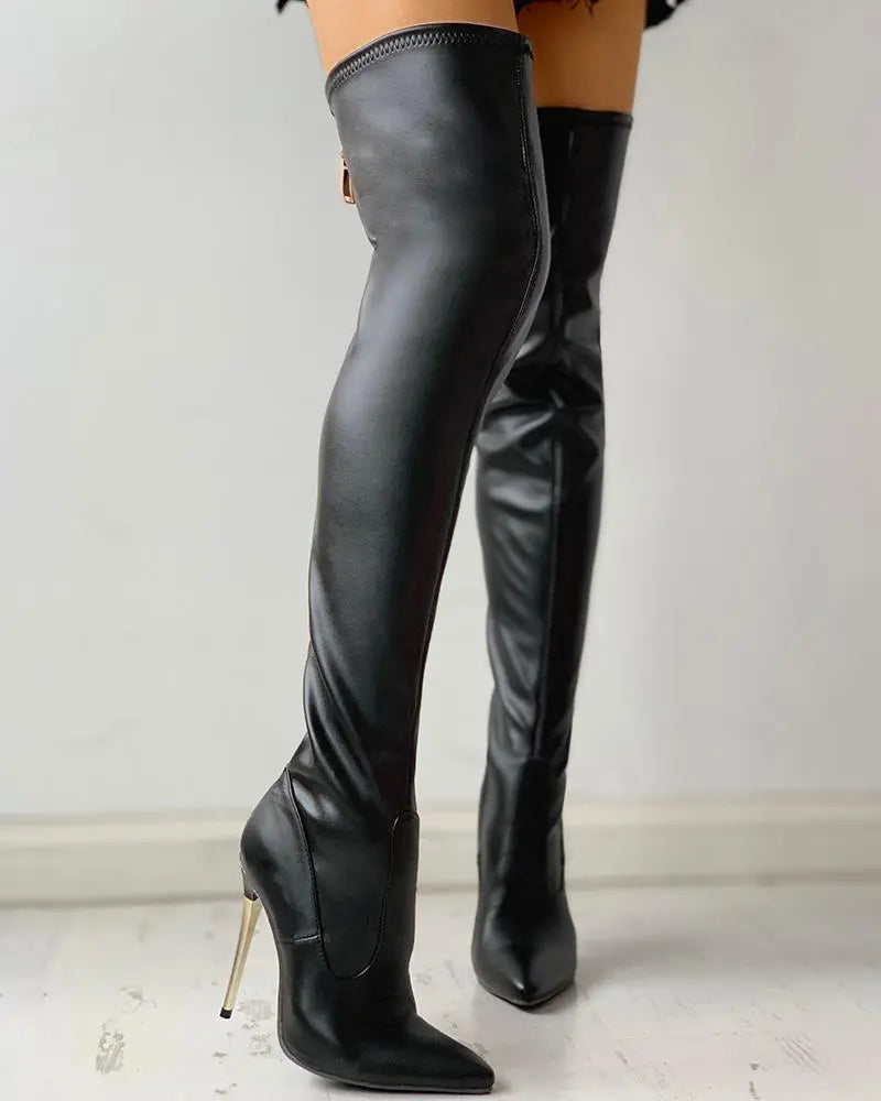 Mara | Bottes cuissardes à talon doré et détail zip