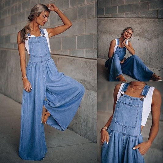 Trendy Dames Denim Jumpsuit Met Wijde Pijpen En Bretels