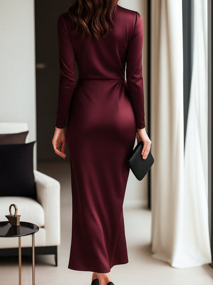 Luxe Dames Bordeaux Satijnen Gala Midi Jurk Met Overslag