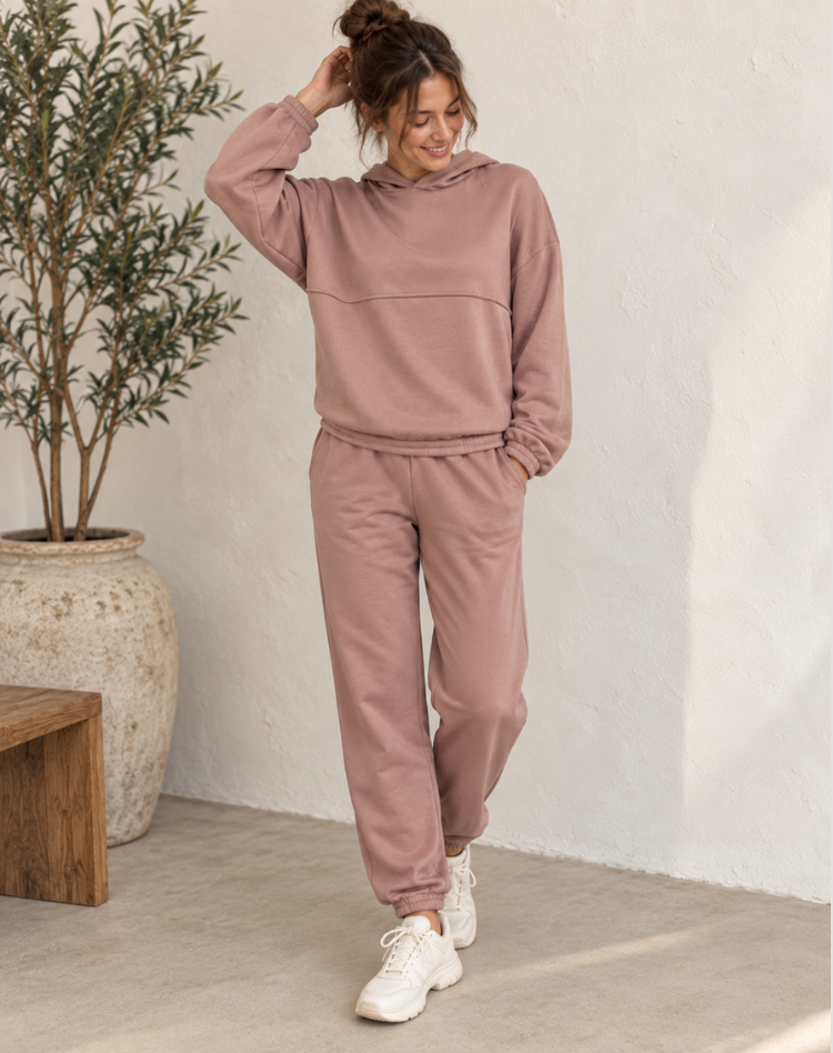 Luxe Dames Tracksuit Set met Hoodie en High Waist Broek – Kameel