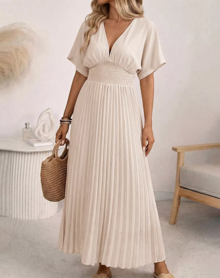 Luchtige Beige Midi Jurk Met V Hals En Knopen voor Vrouwen
