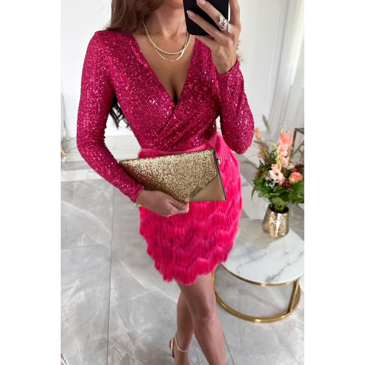 Seburga| Sparkling Sequin Dress with Feather Accent