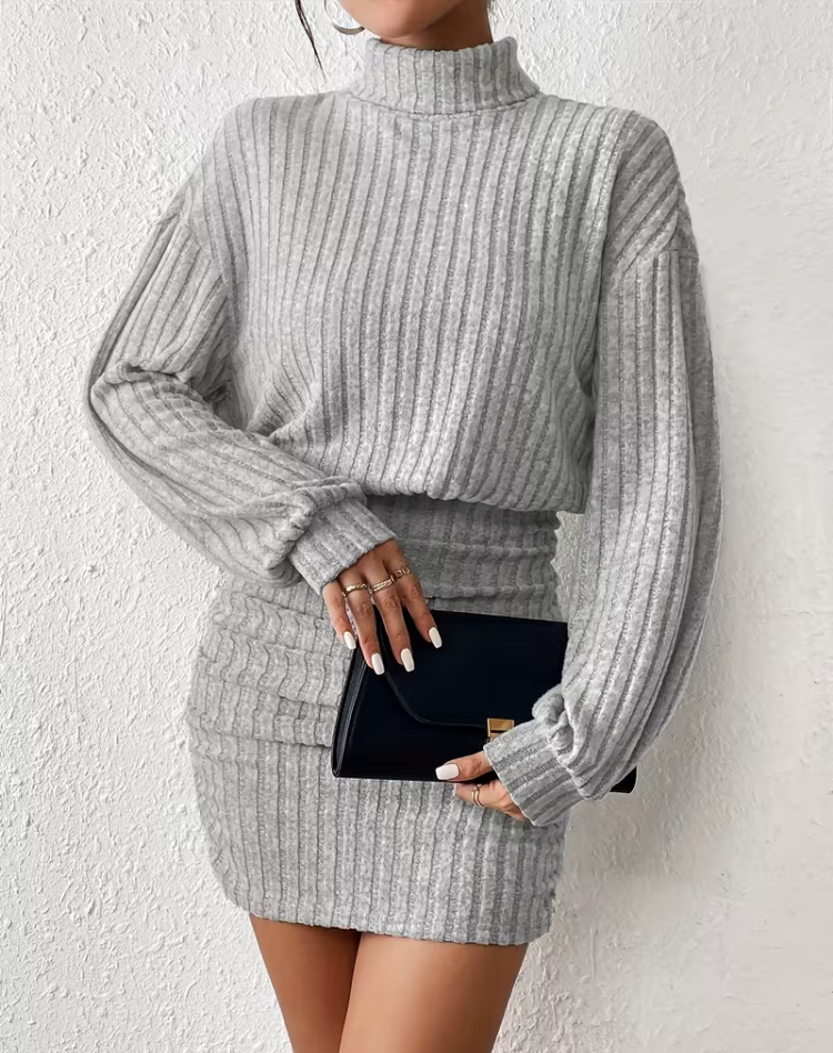 Ensemble tricoté élégant pour femmes avec col roulé et jupe midi