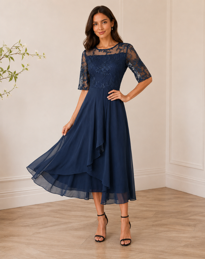 Robe midi femme avec haut en dentelle et manches trois-quarts