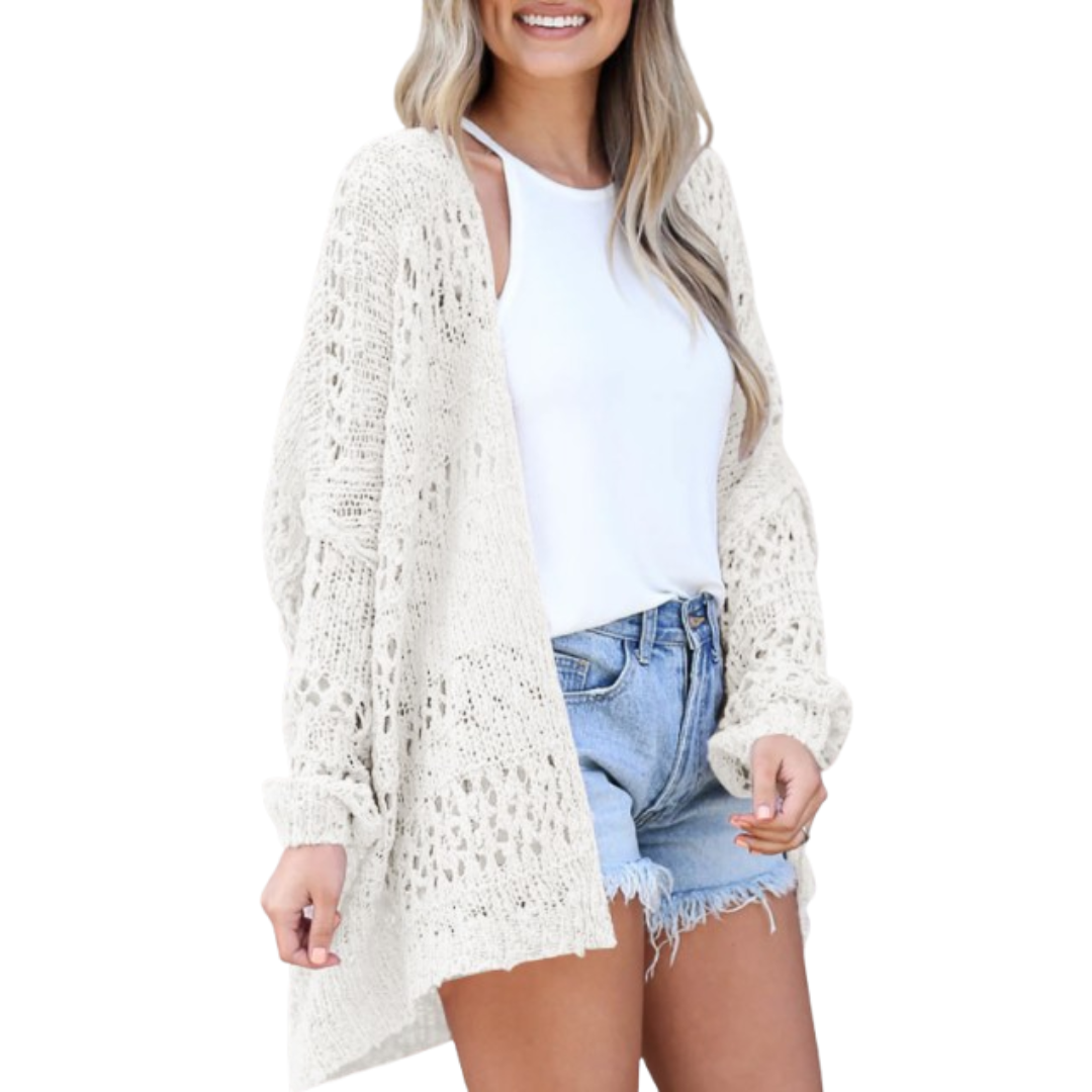 Luchtige comfortabele gebreide dames cardigan met boho details