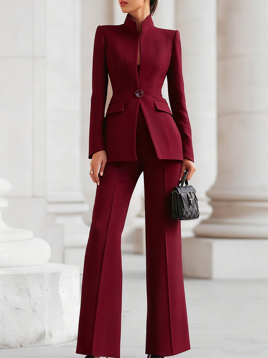Stijlvolle Dames Getailleerde Blazer Set Met En Wijde Pijpen