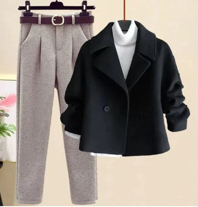 Dames Blazer Broek Set met Ceintuur en Dubbele Knopen