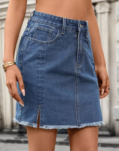 Rekbare Denim Dames Mini Rok met Hoge Taille en Gerafelde Zoom