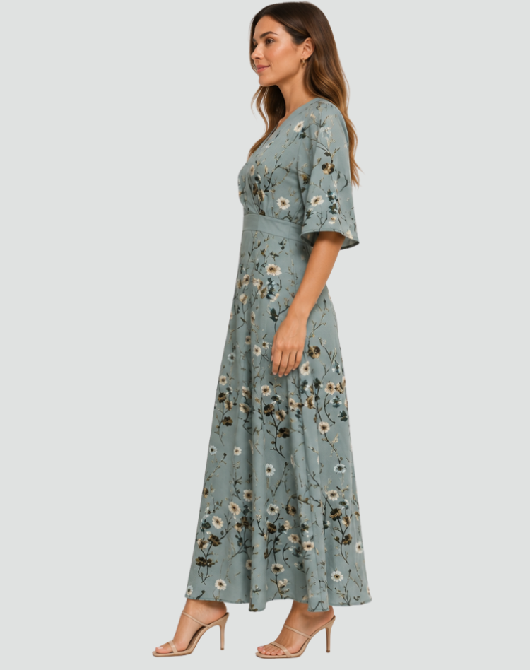 Robe maxi élégante pour femme avec col cache-cœur en V et ceinture à la taille