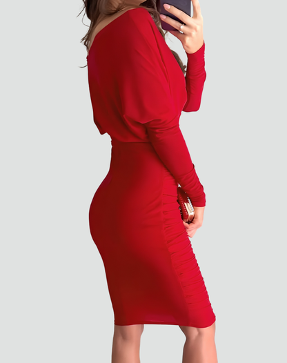 Red Midi Dress for Women with Off-Shoulder Neckline and Ruffles