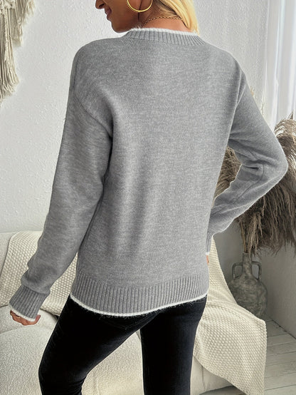 Gebreide Jacquard Dames Trui met Sneeuwvlokmotief en Ribboorden