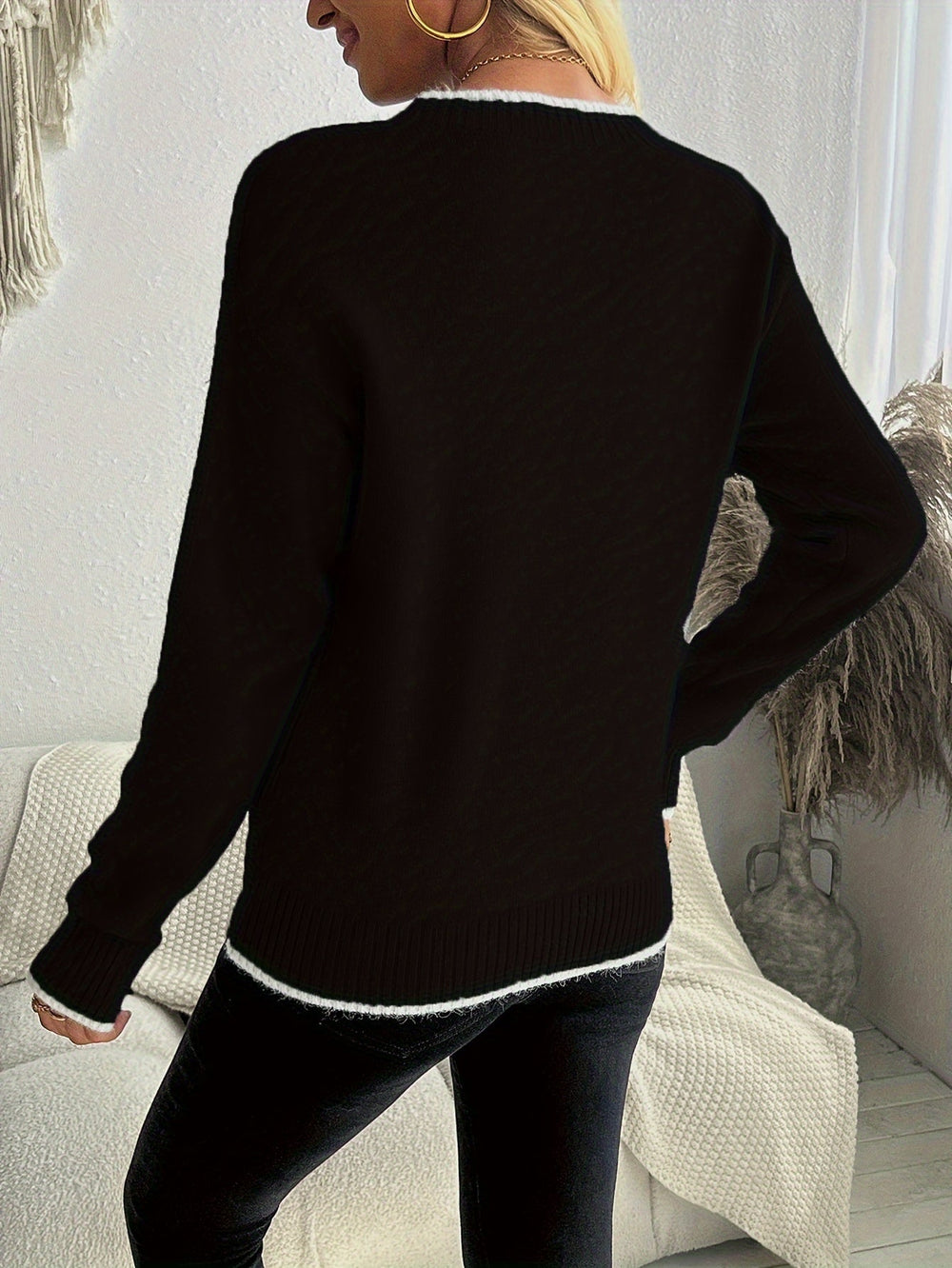 Gebreide Jacquard Dames Trui met Sneeuwvlokmotief en Ribboorden