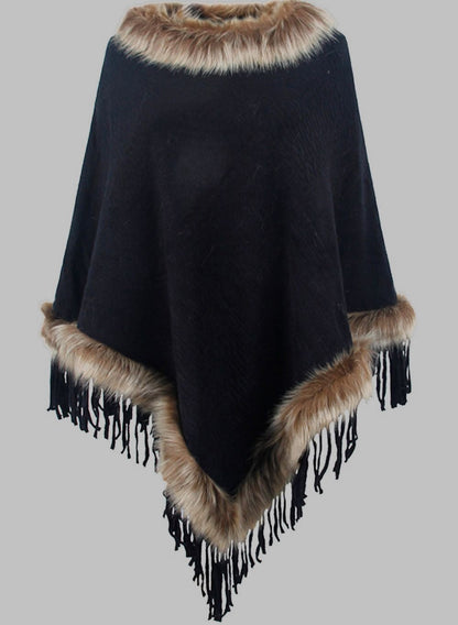Stijlvolle Elegante Dames Poncho met Bontkraag en Franjes