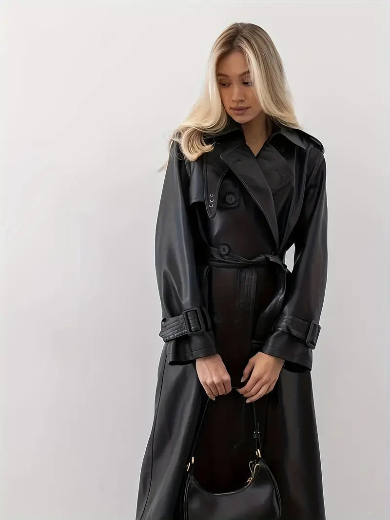 Lange Dames Leren Trenchcoat met Ceintuur