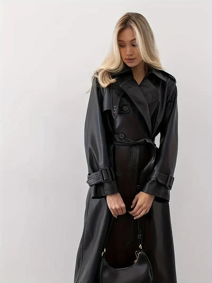 Lange Dames Leren Trenchcoat met Ceintuur
