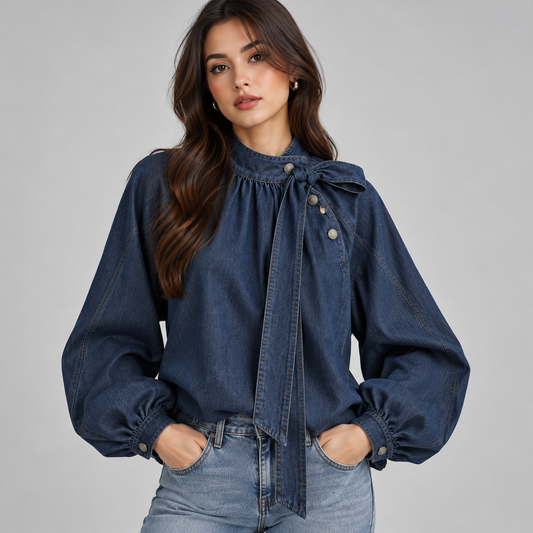 Marlies | Denim Women's Blouse with Bow
