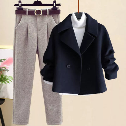 Dames Blazer Broek Set met Ceintuur en Dubbele Knopen