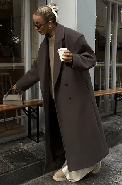 Lange Oversized Elegante Vrouwen Wollen Jas met Knopen