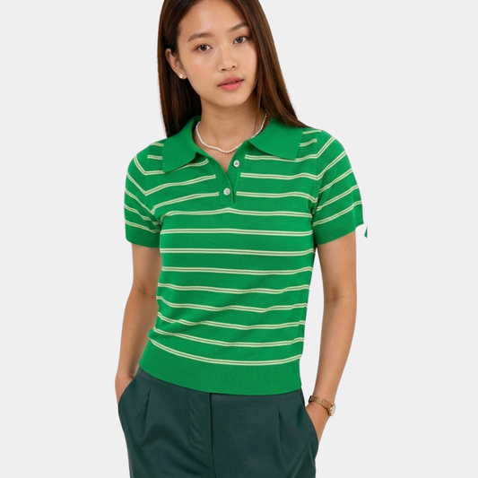 Trendy Green Striped Polo for Women
