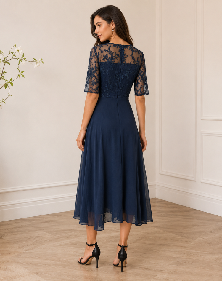 Robe midi femme avec haut en dentelle et manches trois-quarts