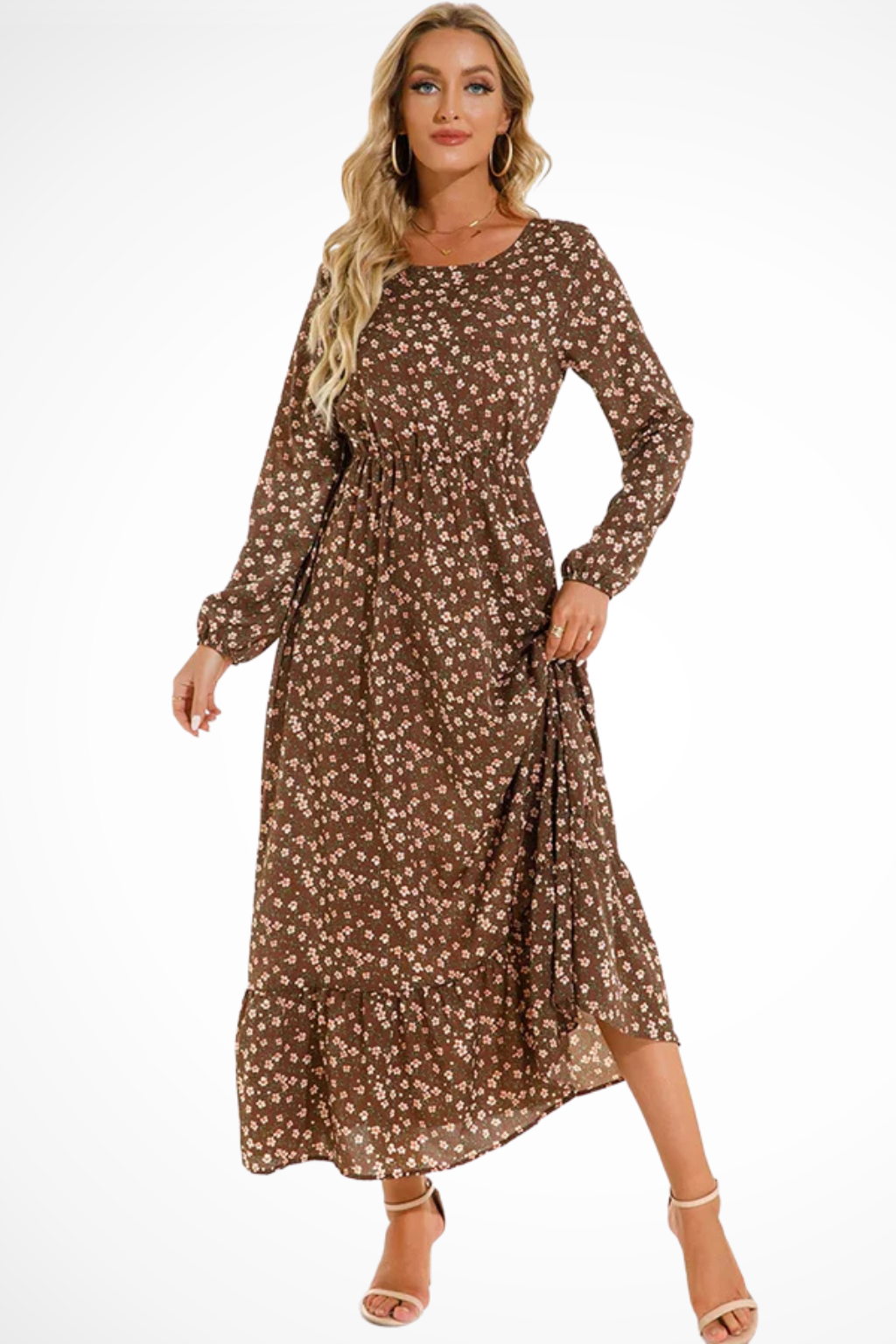 Robe maxi d'été à imprimé floral avec manches longues pour femme