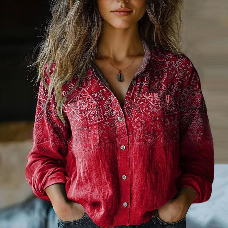 Bohemian Vintage Dames Blouse met Puntkraag en Borstzakken