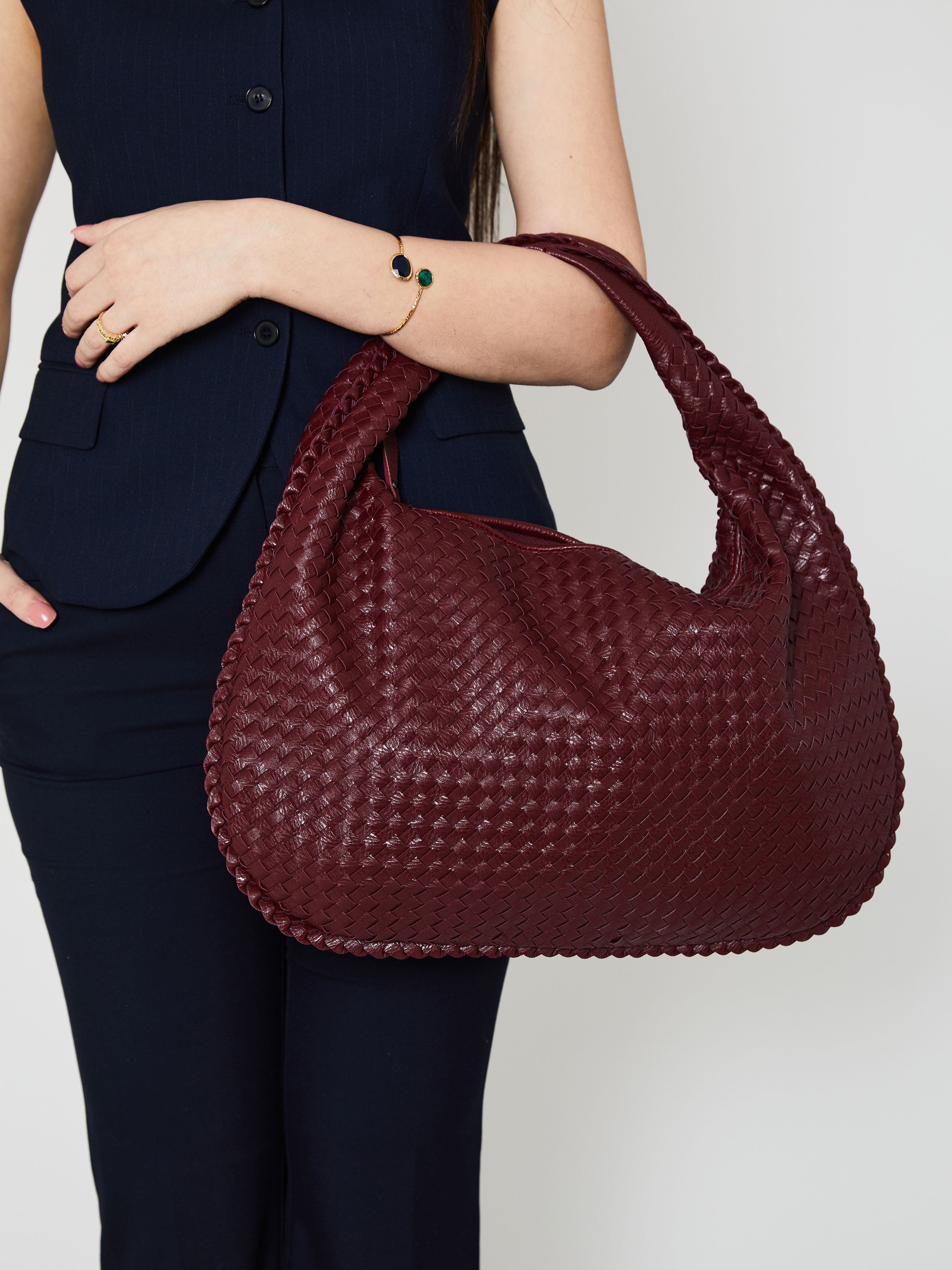 Bordeauxrood Luxe Dames Handtas met Gevlochten Design