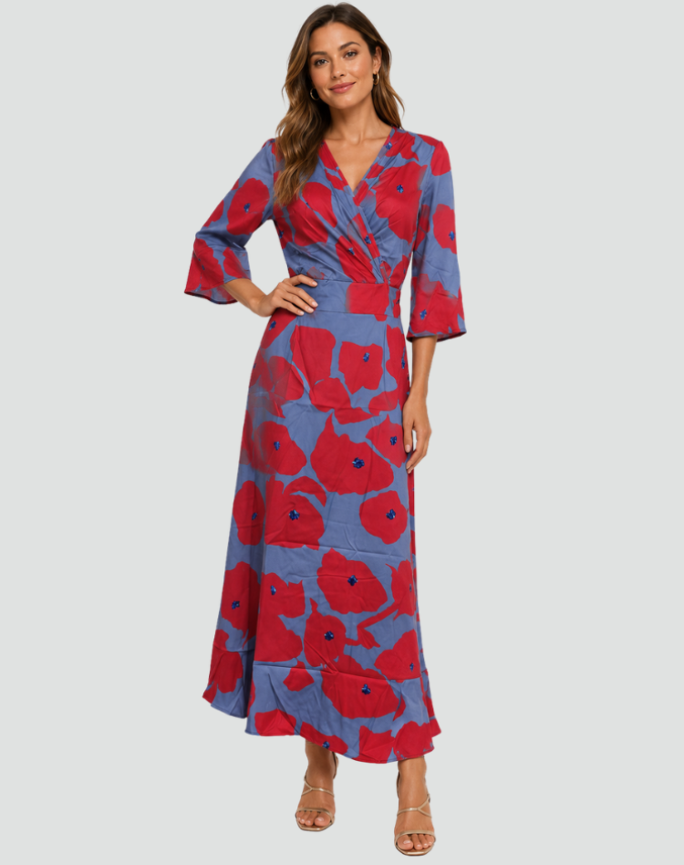 Robe maxi élégante pour femme avec col cache-cœur en V et ceinture à la taille