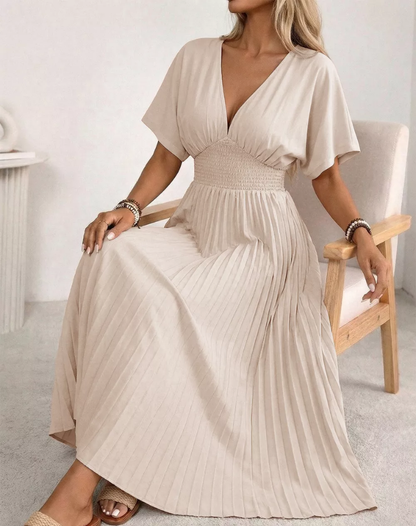 Luchtige Beige Midi Jurk Met V Hals En Knopen voor Vrouwen