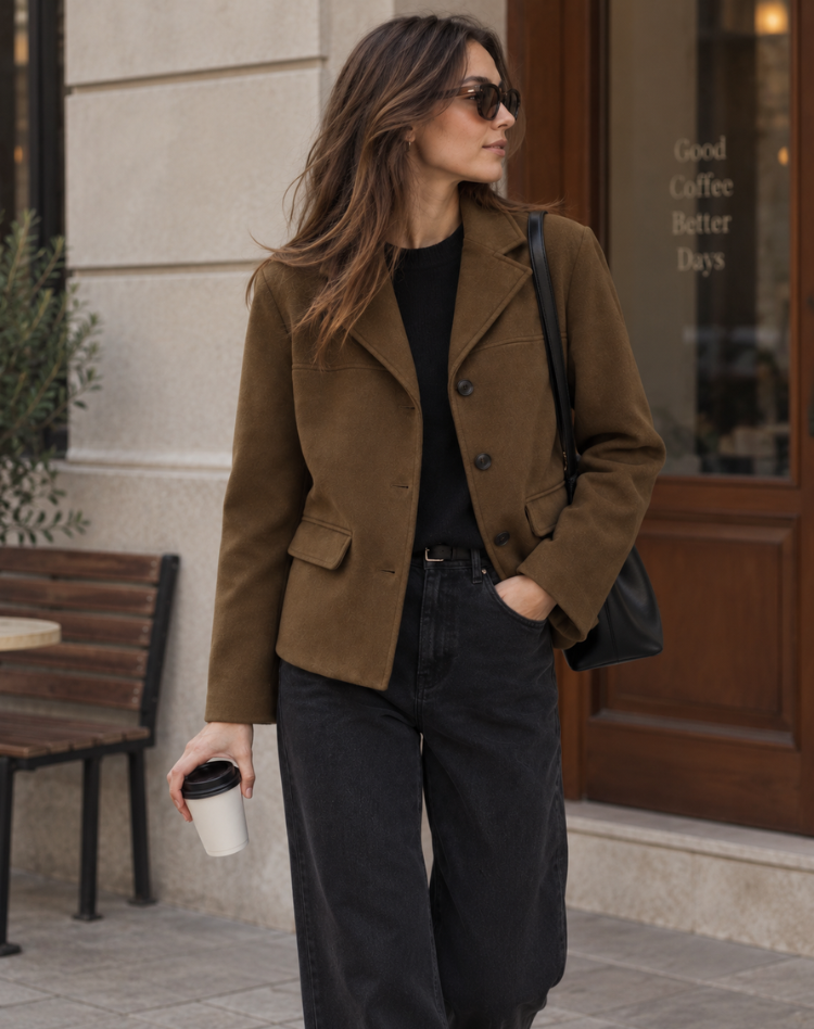 Blazer oversize pour femme en suédine avec revers et fermeture boutonnée