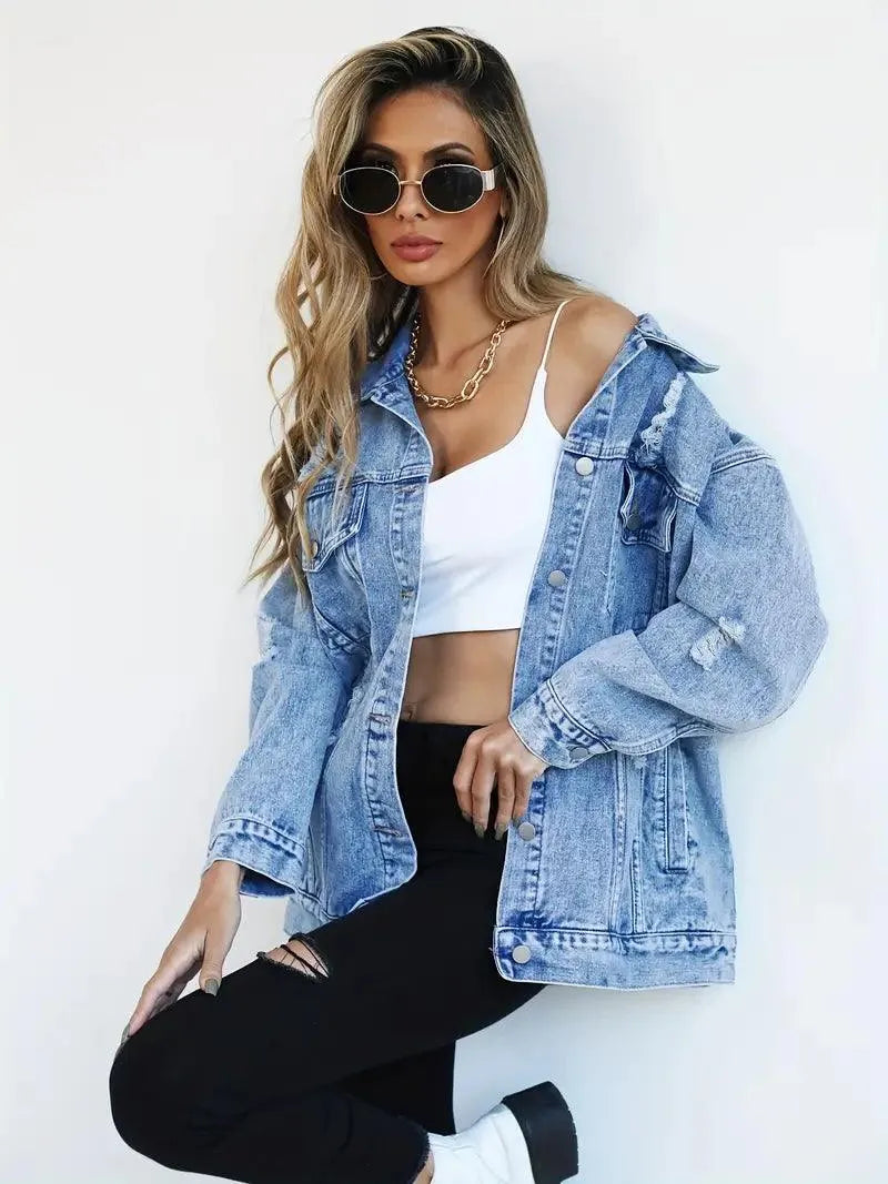 Dames Oversized Denim Jas met Stoere Look en Drukknoopsluiting