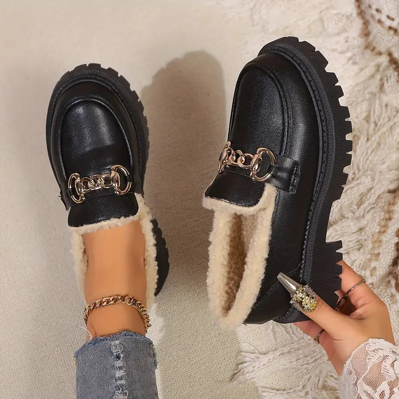 Warm Black Women's Loafers with Fur Lining