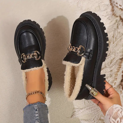Warme Zwarte Dames Loafers met Bontvoering
