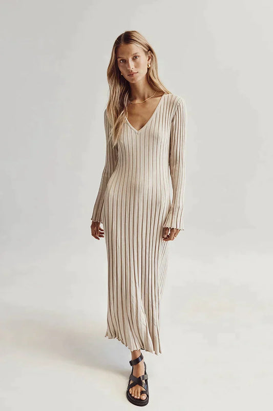 Elegante Comfortabele Gebreide Dames Midi Jurk met V-Hals