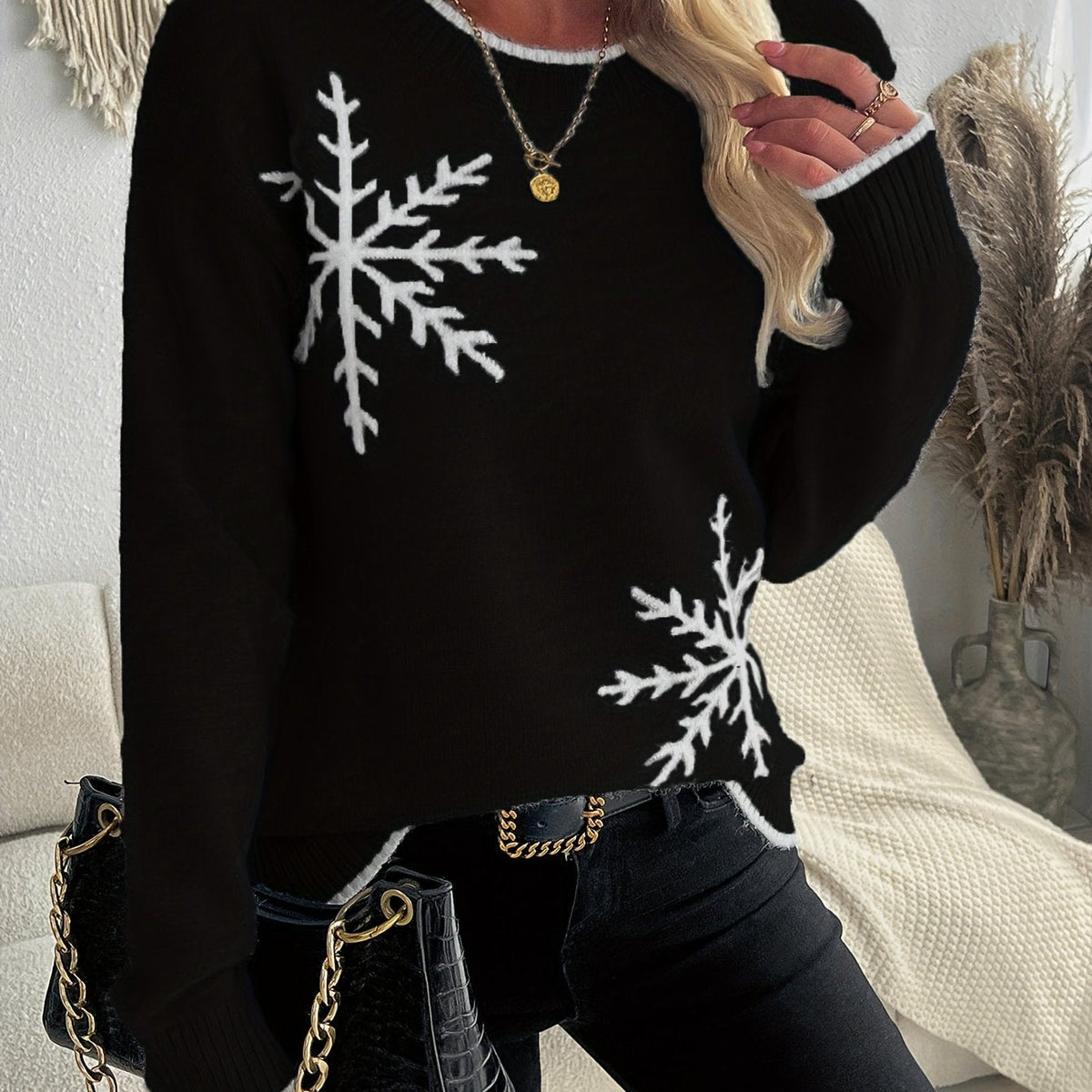 Gebreide Jacquard Dames Trui met Sneeuwvlokmotief en Ribboorden