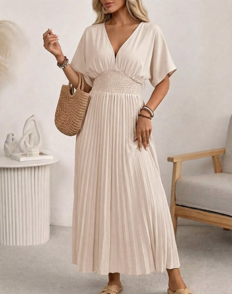 Airy Beige Midi Dress with V Neck and Buttons for Women