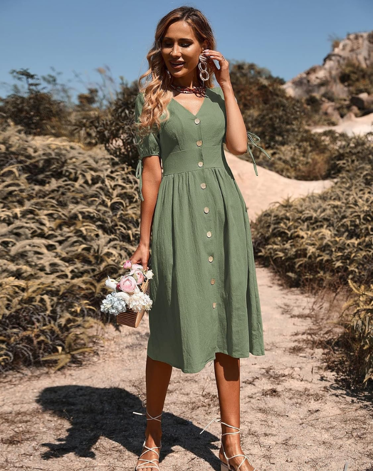 Robe Midi d'Été Élégante pour Femmes avec Col V et Fermeture à Boutons