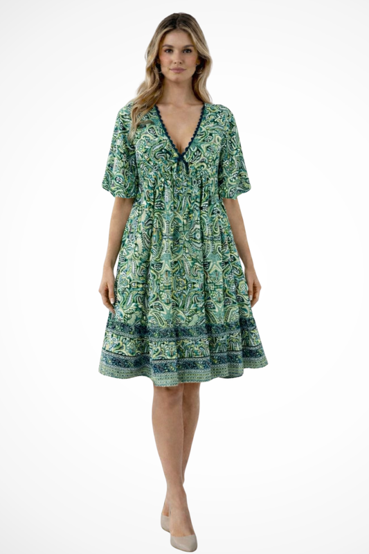 Soepele Midi Zomerjurk Met V Hals En Boho Print