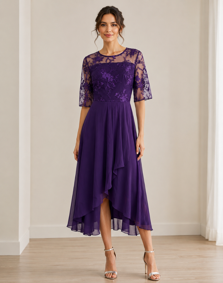 Robe midi femme avec haut en dentelle et manches trois-quarts