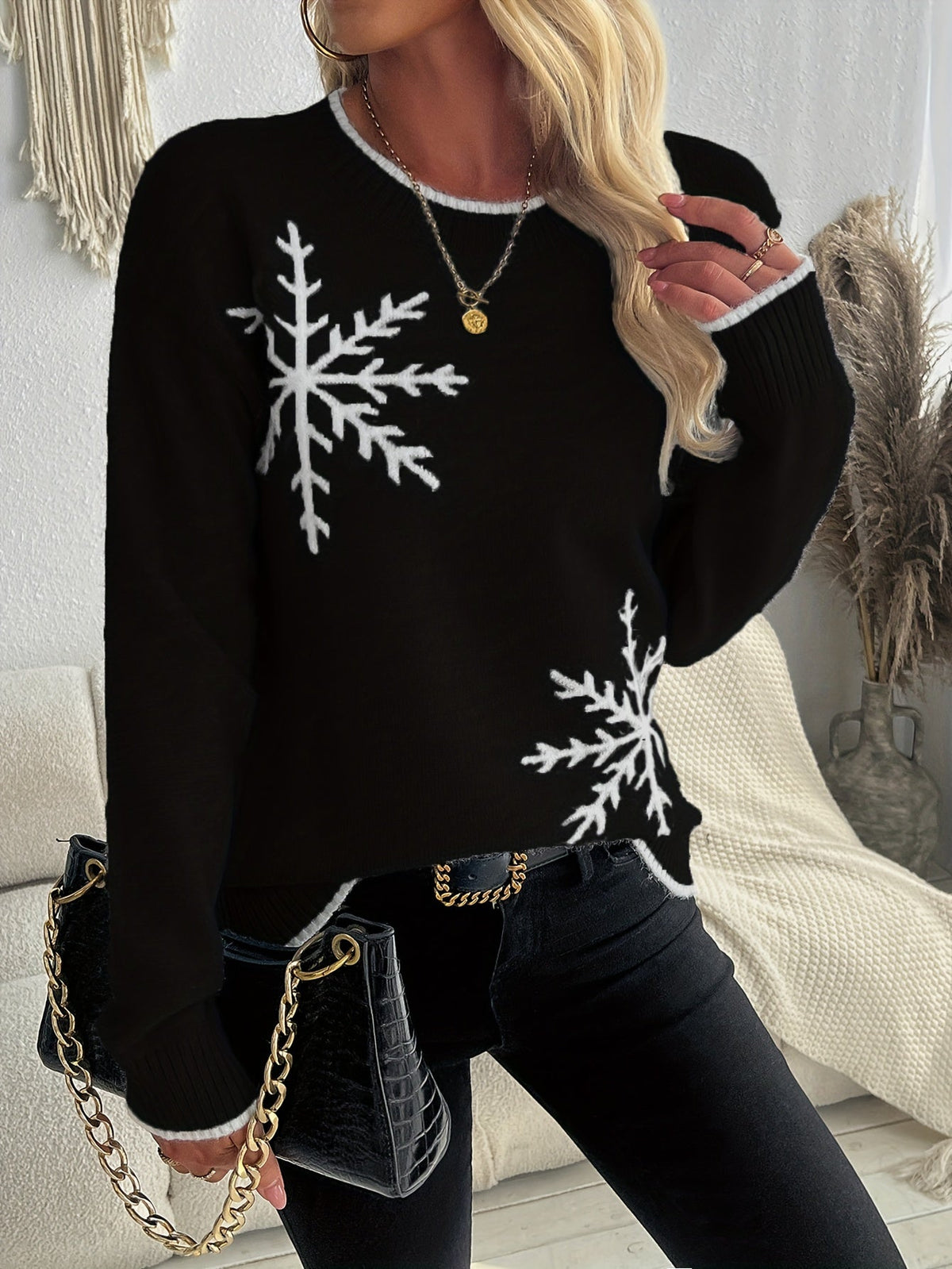 Gebreide Jacquard Dames Trui met Sneeuwvlokmotief en Ribboorden