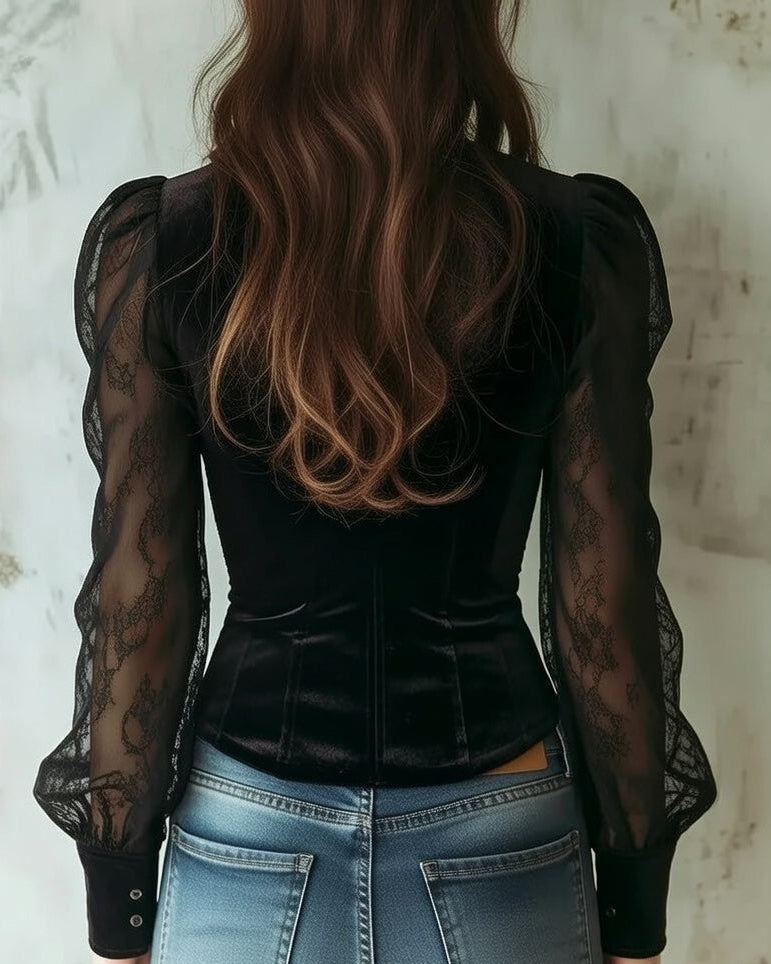 Zwarte Elegante Dames Kant Blouse Met V Hals en Lange Mouwen