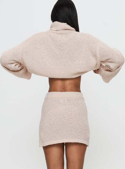 Zachte Beige Gebreide Set voor Vrouwen met Coltrui en Mini Rok