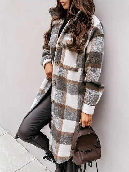 Stijlvolle Warme Dames Ruit Wollen Jacket Met Knopen