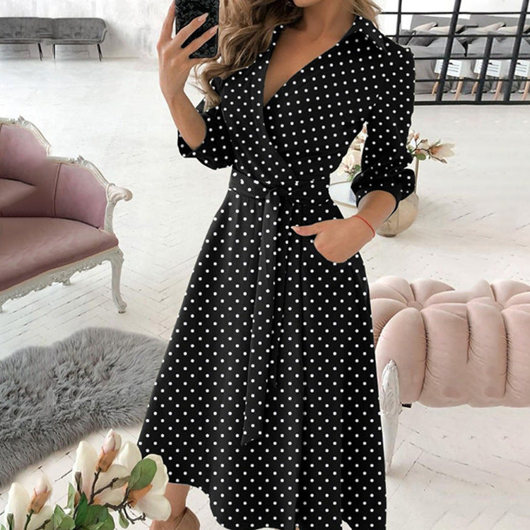 Dames Midi Jurk met Lange Mouwen en Polkadot Print