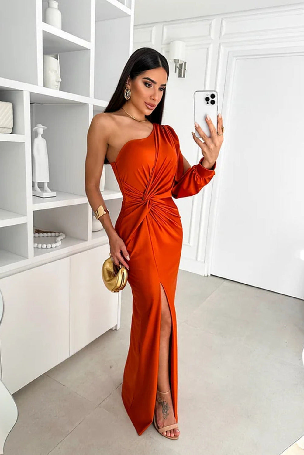 Lyca | Asymmetric Satin Evening Dress with Draping Gala Gown
