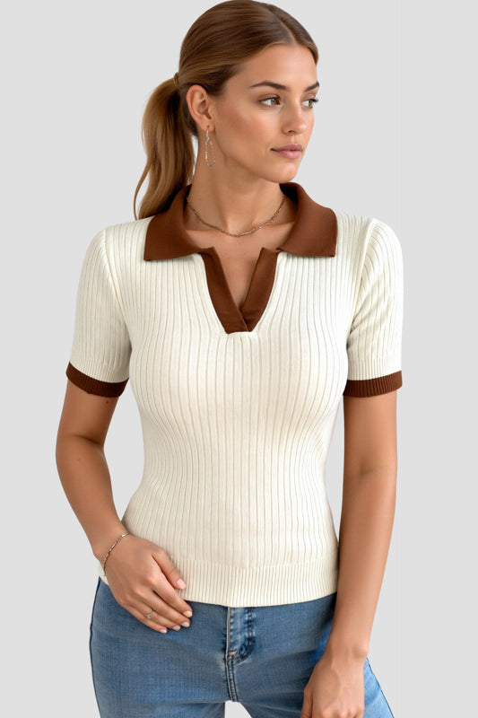 Elegante Dames Polo met Ribpatroon en V-hals