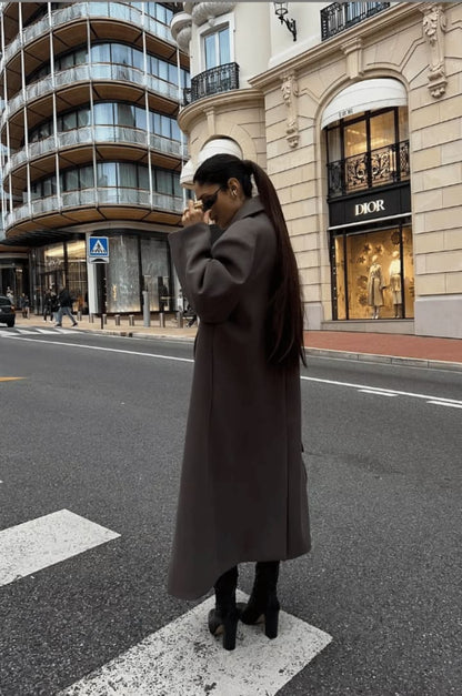 Lange Oversized Elegante Vrouwen Wollen Jas met Knopen