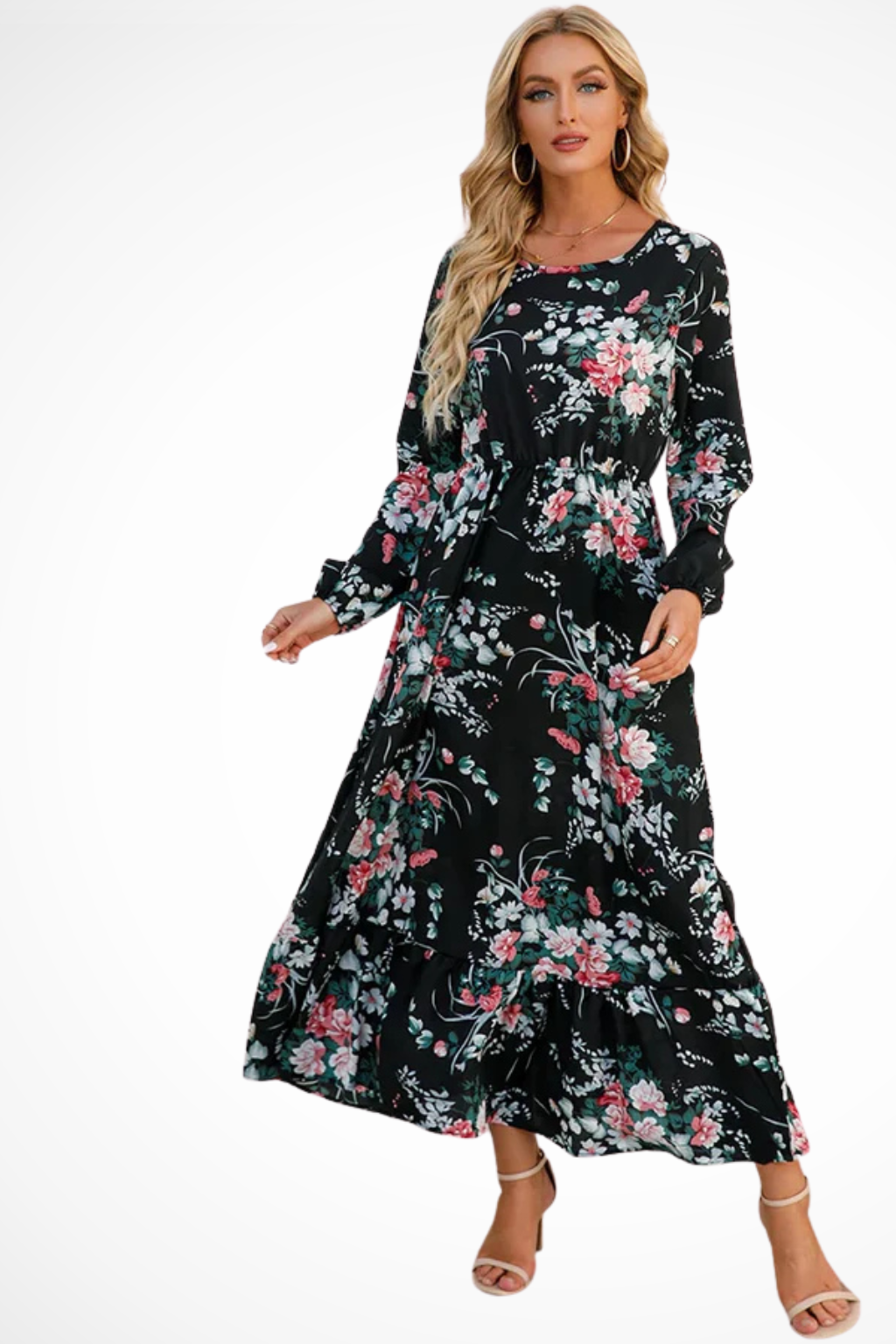 Robe maxi d'été à imprimé floral avec manches longues pour femme