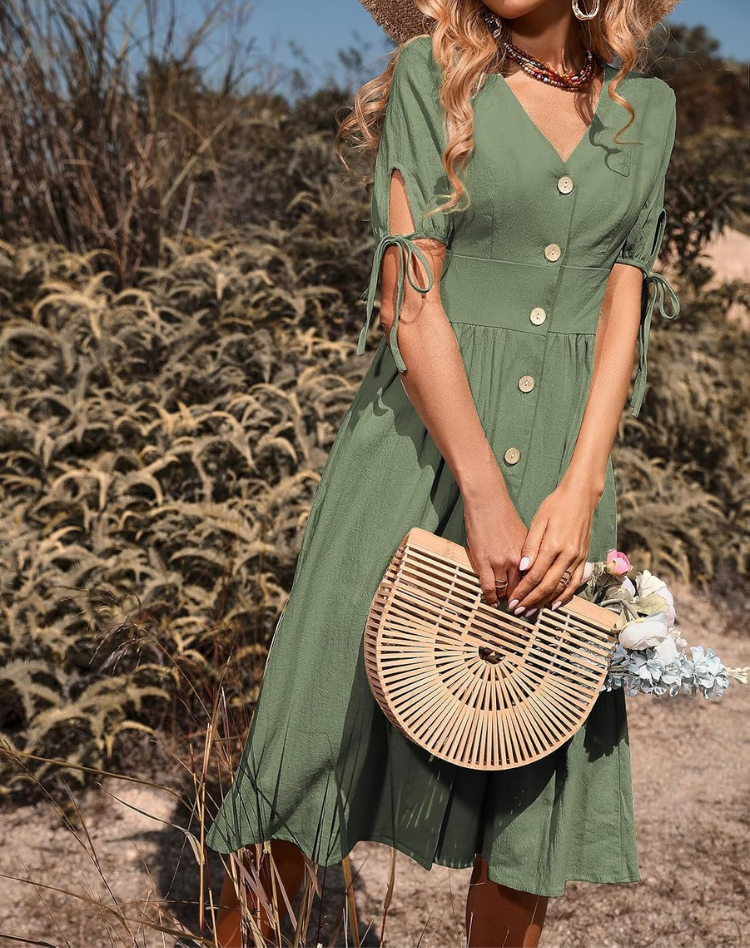 Robe Midi d'Été Élégante pour Femmes avec Col V et Fermeture à Boutons