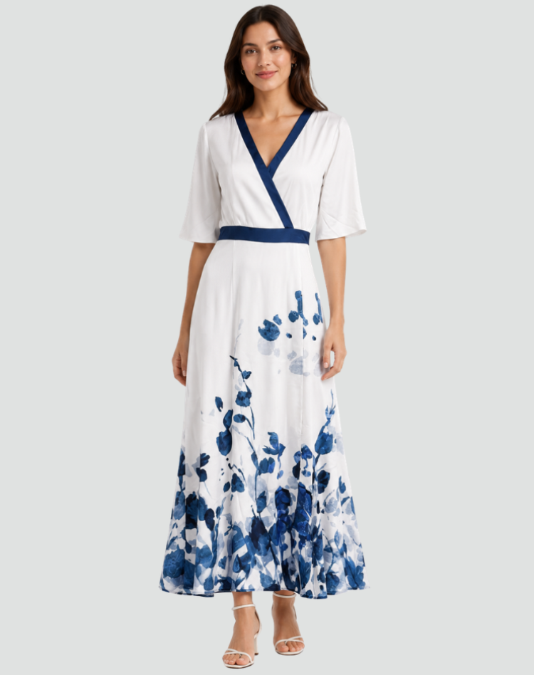 Robe maxi élégante pour femme avec col cache-cœur en V et ceinture à la taille